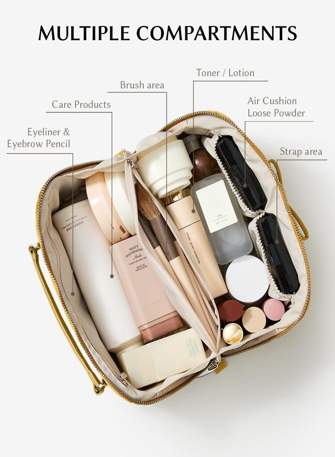 EACHY Makeup Bag, Large Capacity Cosmetic Bags for Women, Waterproof Pearl-Sheen PU Toiletry Bag with Flat-Open Design and Makeup Brush Organizer - Image 2